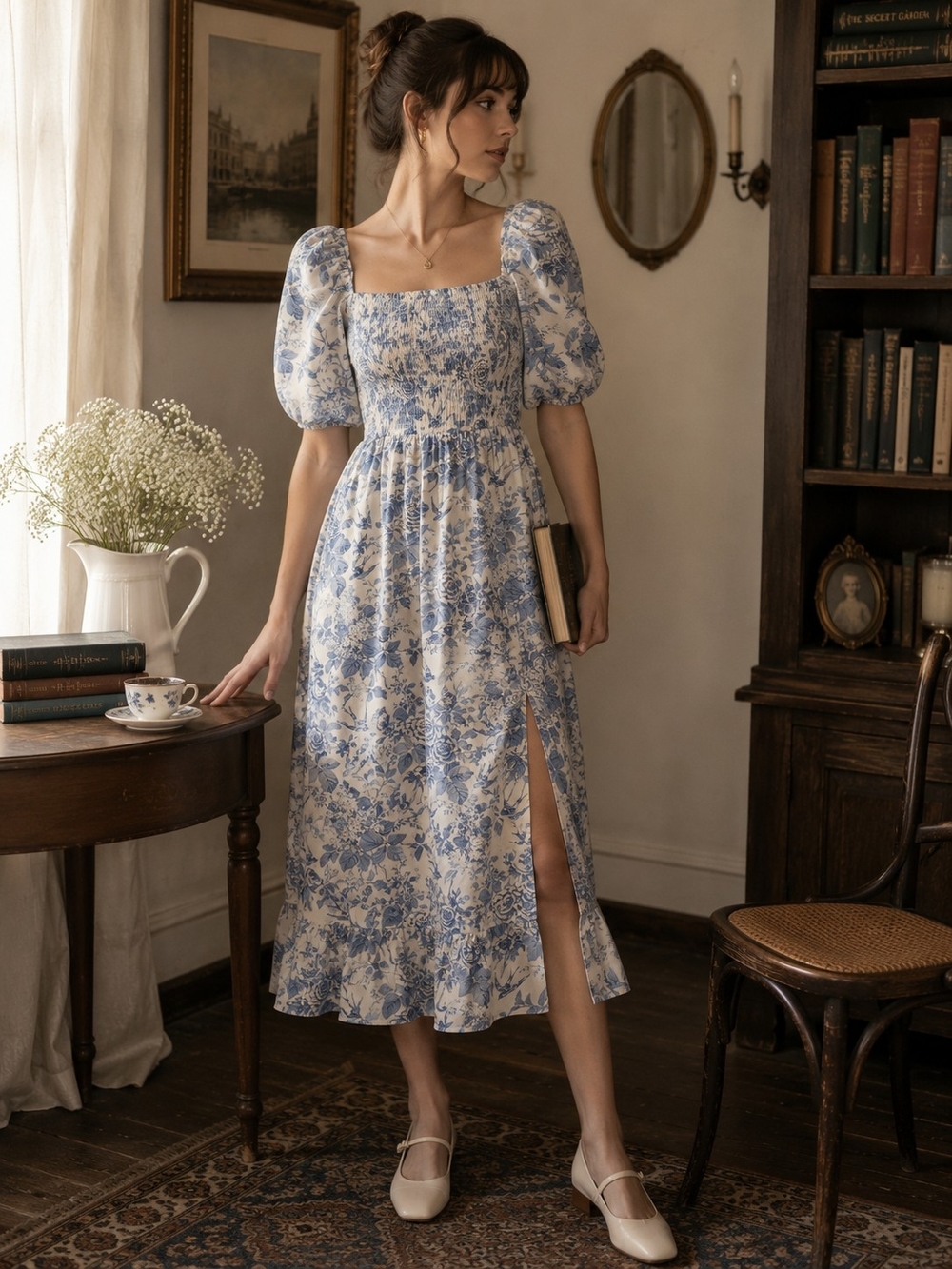 Sunday Up Blue Floral Toile Midi Dress Cottagecore Puff Sleeve Smocked